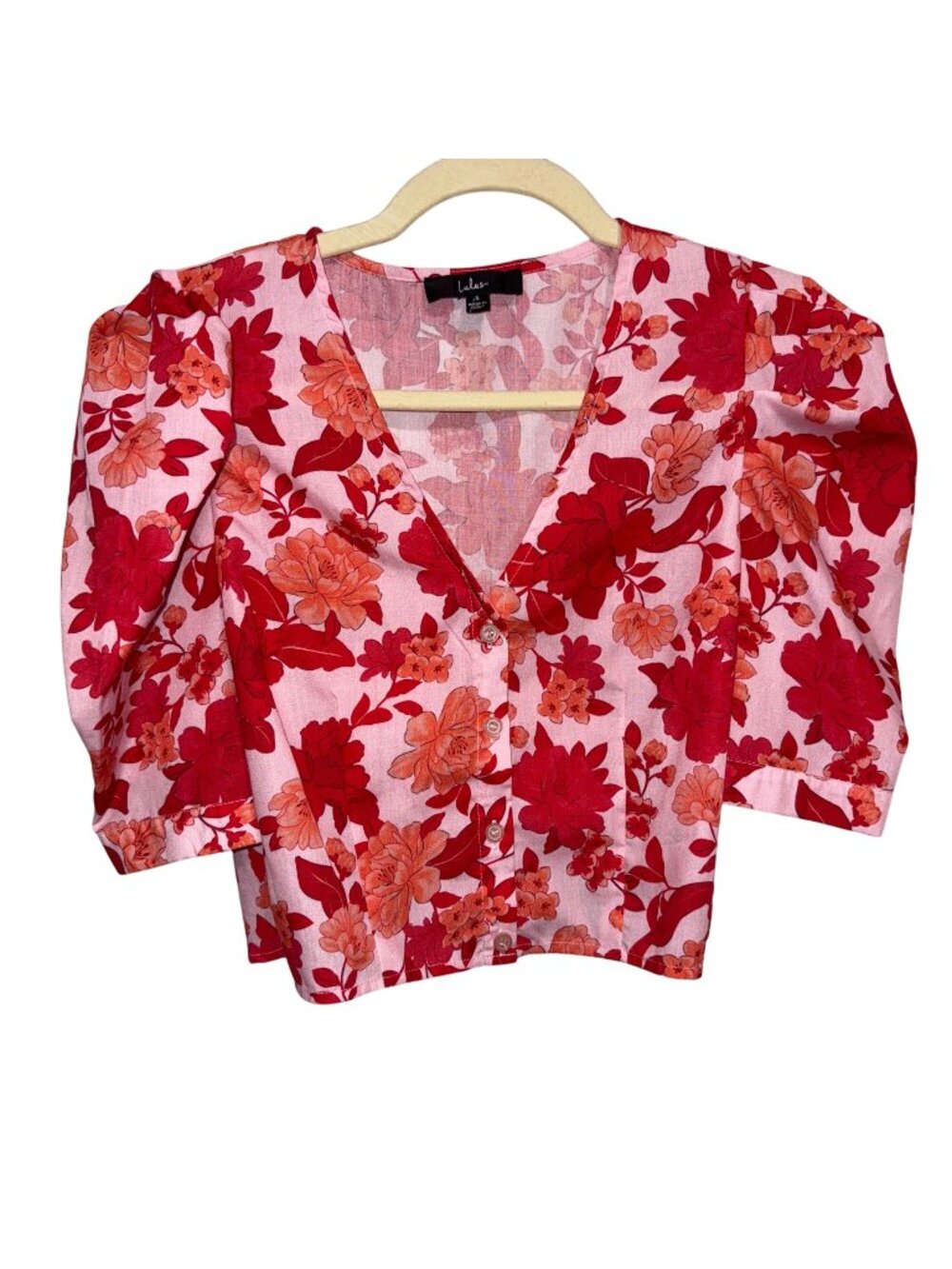 Lulus Floral Button-Up Blouse Crop Top Small V-Neck Short Sleeve Pink & Red